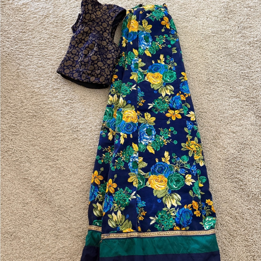 Unbranded Navy Blue Floral Lehenga with Green and Yellow Accents